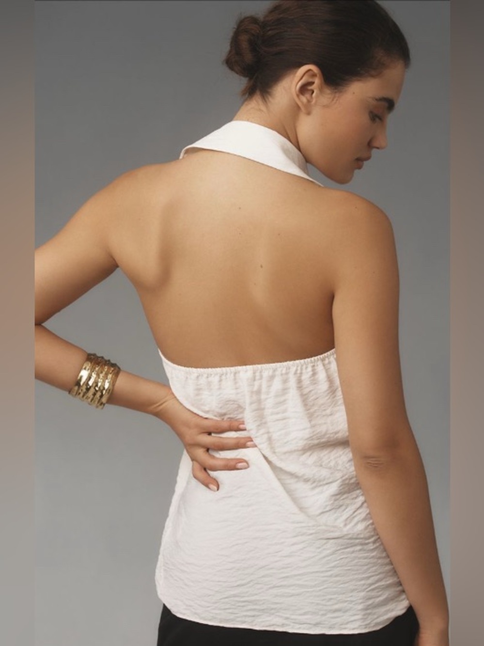 Anthropologie Ivory Oversized Deep V Halter, Bubble Hem, High/Low Top: M - Picture 7 of 10